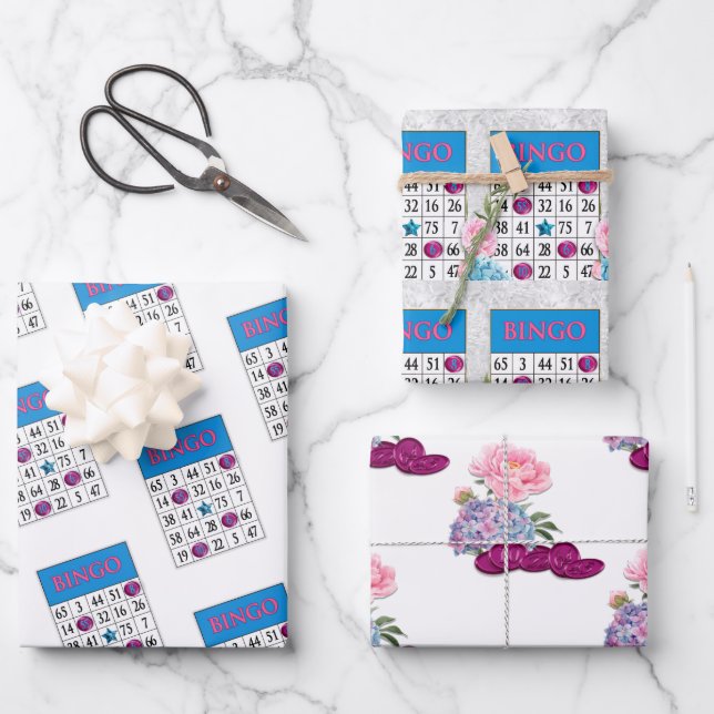 Bingo Cards with pink and blue flowers and chips Wrapping Paper Sheet (Front)