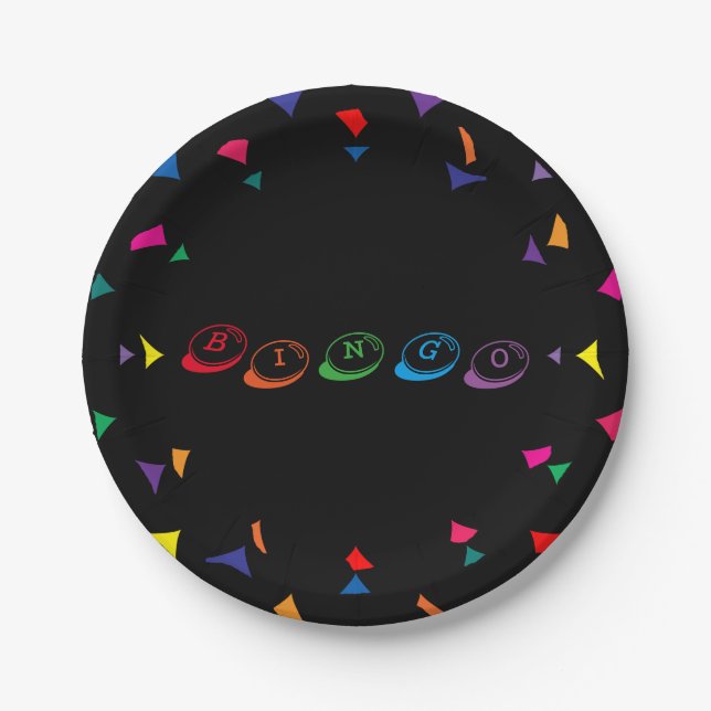 BINGO Colourful Lettering on Black Background Paper Plate (Front)
