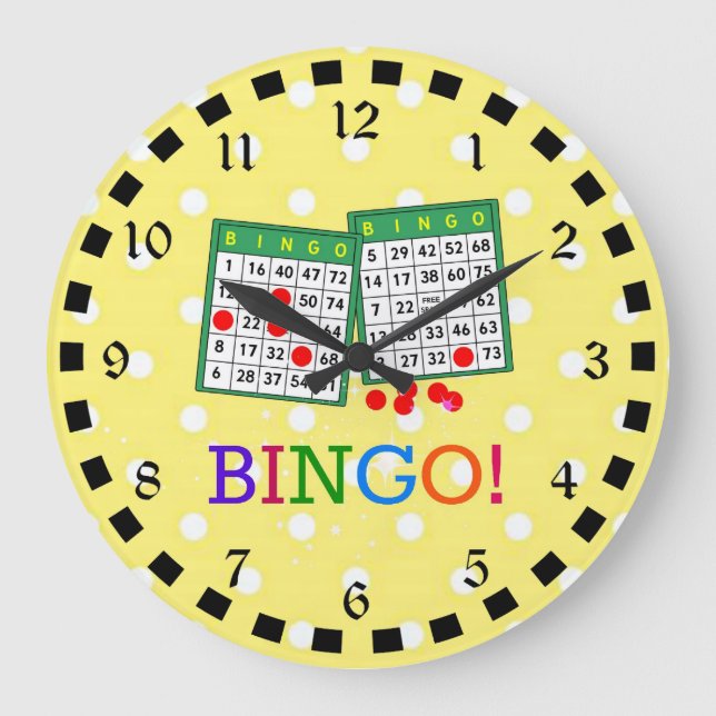 Bingo! Green and White Bingo Cards on Yellow Large Clock (Front)