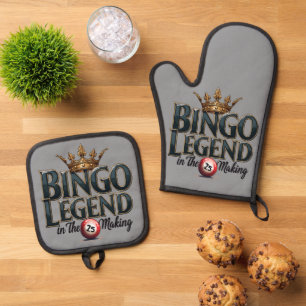 Bingo Legend Crowned in Gold Retro Typography Oven Mitt & Pot Holder Set