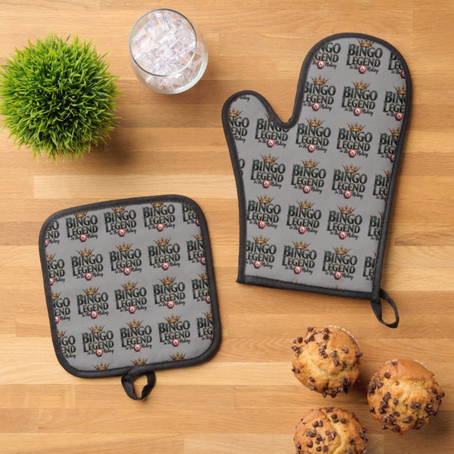 Bingo Legend Crowned in Gold Retro Typography Oven Mitt & Pot Holder Set (Top Down)