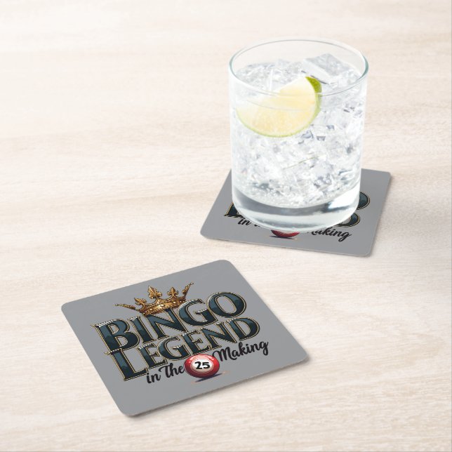 Bingo Legend Crowned in Gold Retro Typography Square Paper Coaster (Insitu)