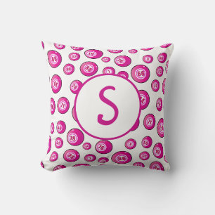 Bingo Lover Monogram Bingo Balls Pink White Throw Pillow