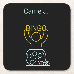 Bingo Night Neon Line Art Personalized Square Paper Coaster