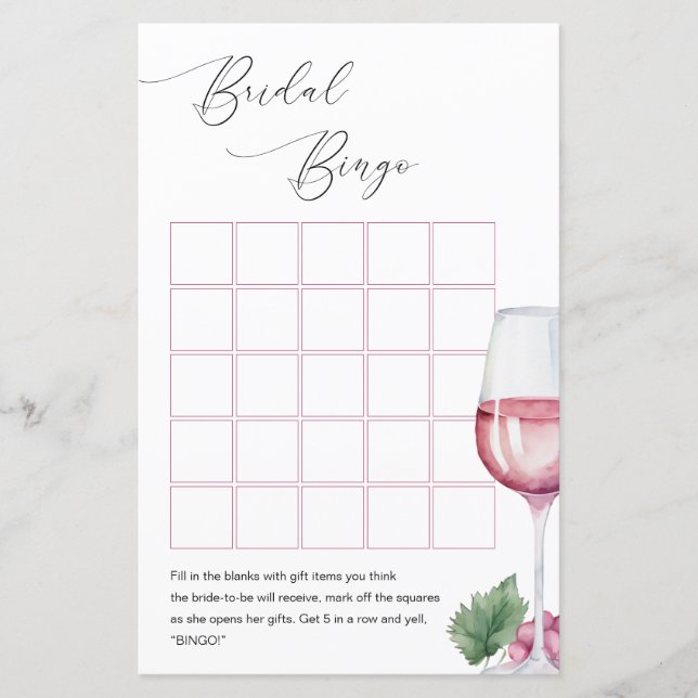 Bingo Vino before Vows Bridal Shower Game (Front)