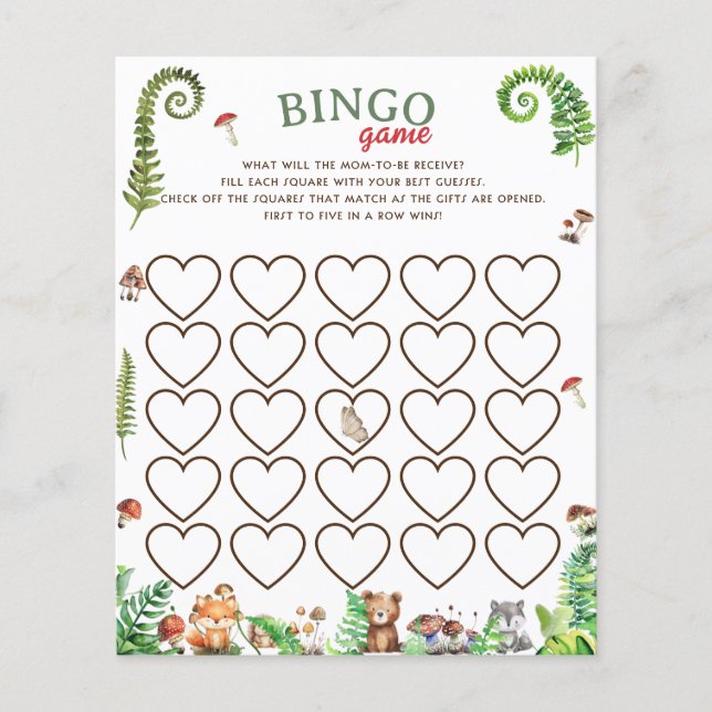 Bingo woodland animal baby shower game (Front)