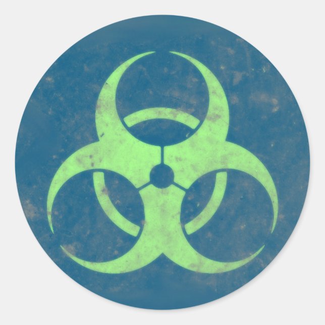 Biohazard Lime Green Blue Background Classic Round Sticker (Front)