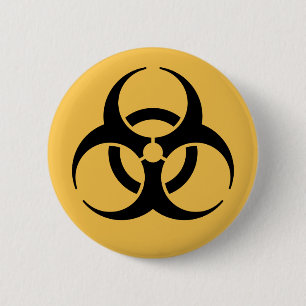Biohazard symbol on yellow badge 2 inch round button
