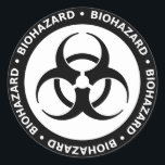 Biohazard Warning Sticker<br><div class="desc">Black and white biohazard symbol sticker with warning text.</div>