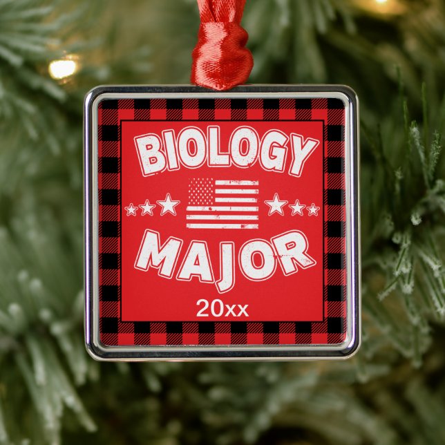 Biology College Student Red Plaid Xmas Metal Ornament (Tree)