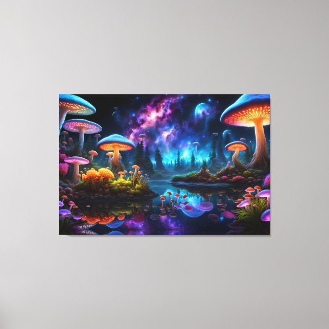 Bioluminescent Alien Mushrooms on A Distant Planet Canvas Print (Front)