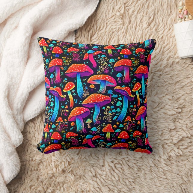Bioluminescent Bliss: Groovy Mushroom Throw Pillow (Blanket)