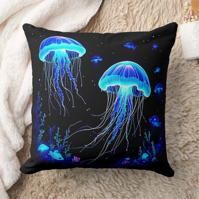 Bioluminescent Jellyfish Dream Throw Pillow (Blanket)