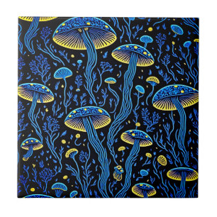 Bioluminescent Neon Mushroom Ceramic Tile