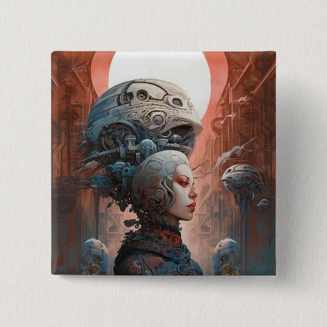 Biomechanical Head Surreal Sci-Fi Art 2 Inch Square Button (Front)