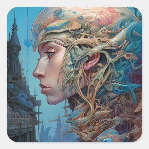Biomechanical Head Surreal Sci-Fi Art Square Sticker