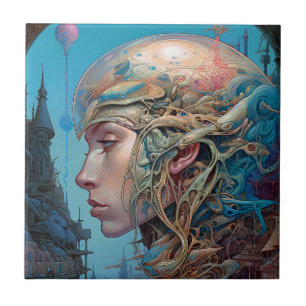 Biomechanical Head Surreal Sci-Fi Art Tile