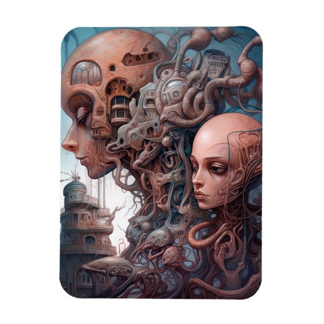 Biomechanical Heads Surreal Sci-Fi Art Magnet (Vertical)