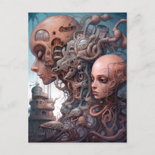 Biomechanical Heads Surreal Sci-Fi Art Postcard