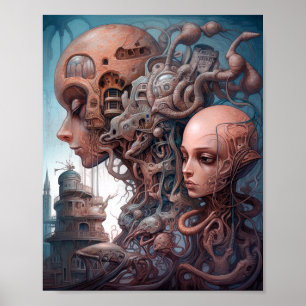 Biomechanical Heads Surreal Sci-Fi Art Poster