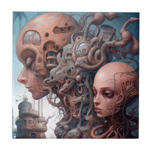 Biomechanical Heads Surreal Sci-Fi Art Tile