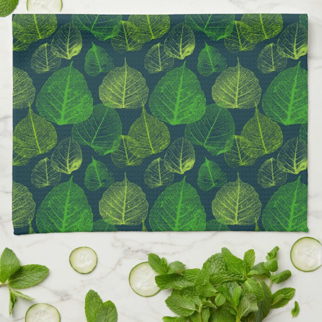 Biophilic Aesthetic Dark Green Skeleton Leaves  Kitchen Towel (Folded)