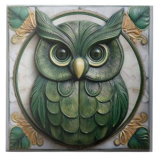 Biophilic green faux relief Art Nouveau Owl Tile