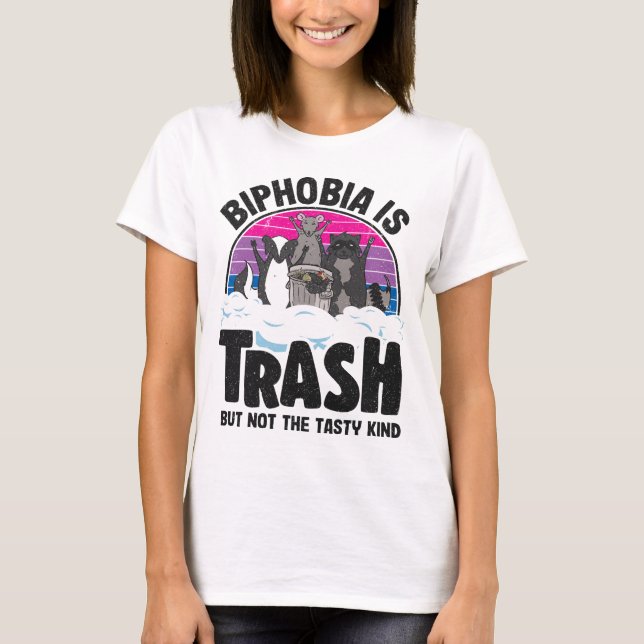 Biphobia Is Trash Opossum Raccoon Bisexual Flag Bi T-Shirt (Front)
