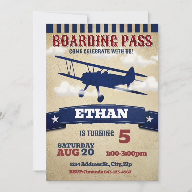 Biplane Airplane Birthday Invite Vintage Plane (Front)