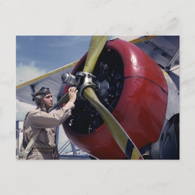 Biplane Pre-Flight Check, 1940s Postcard (Front)