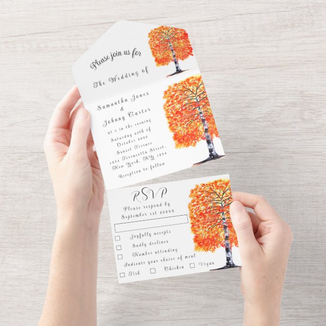 Birch Bark Fall Country Rustic Wood Leaves All In One Invitation (Tearaway)