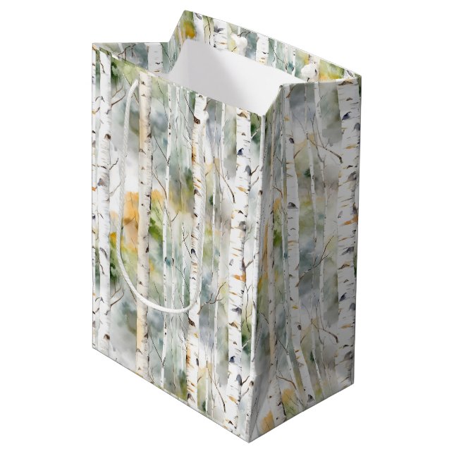 Birch bark green watercolor  medium gift bag (Front Angled)