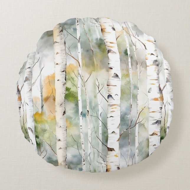 Birch bark green watercolor round pillow (Front)
