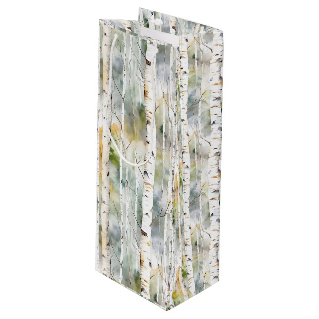 Birch bark green watercolor  wine gift bag (Front Angled)