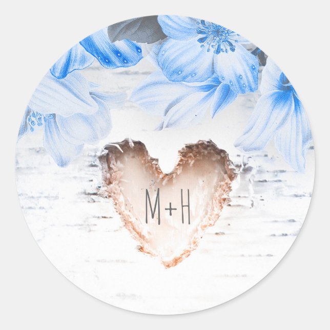 Birch Bark Heart and Blue Flowers Rustic Wedding Classic Round Sticker (Front)