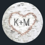 Birch Bark Heart Rustic Wedding Classic Round Sticker<br><div class="desc">Rustic country wedding seal with birch bark heart monogram</div>