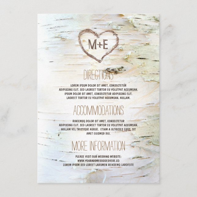 Birch Bark Heart Rustic Wedding Information Enclosure Card (Front)