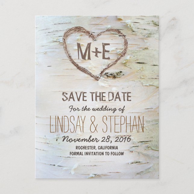 Birch bark rustic save the date postcards (Front)
