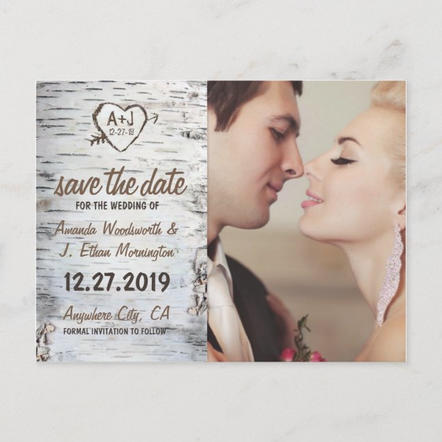 Birch Bark Rustic Tree Wedding Save the Date Cards (Front)
