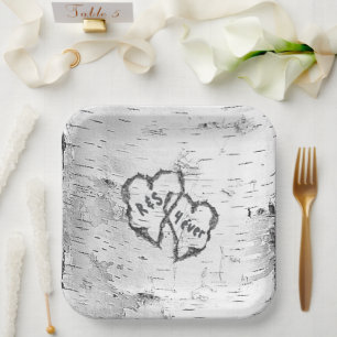Birch Bark Tree Hearts Initials Paper Plate