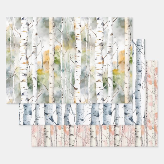 Birch bark watercolor  wrapping paper sheet (Set)
