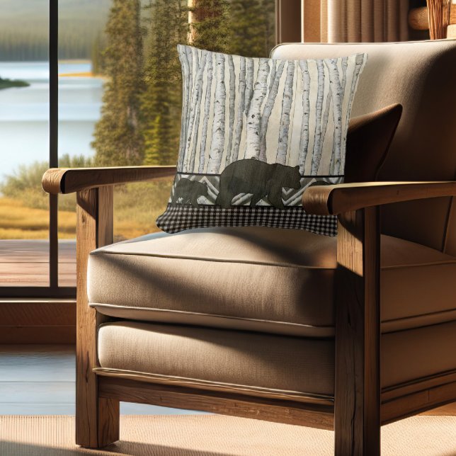 Birch forest Lodge Bear Cub Lumberjack Plaid Check Throw Pillow (Creator Uploaded)