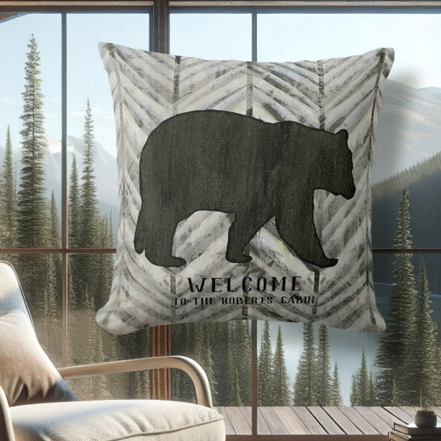 Birch Forest Lodge Black Bear Chevron Welcome Sign Throw Pillow (Creator Uploaded)