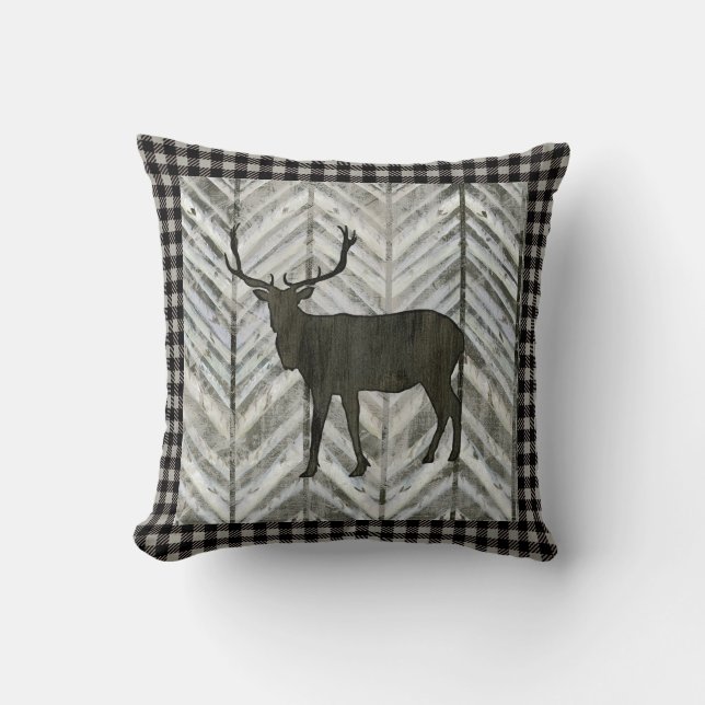 Birch Forest Lodge Elk Chevron Buffalo Plaid Throw Pillow (Front)