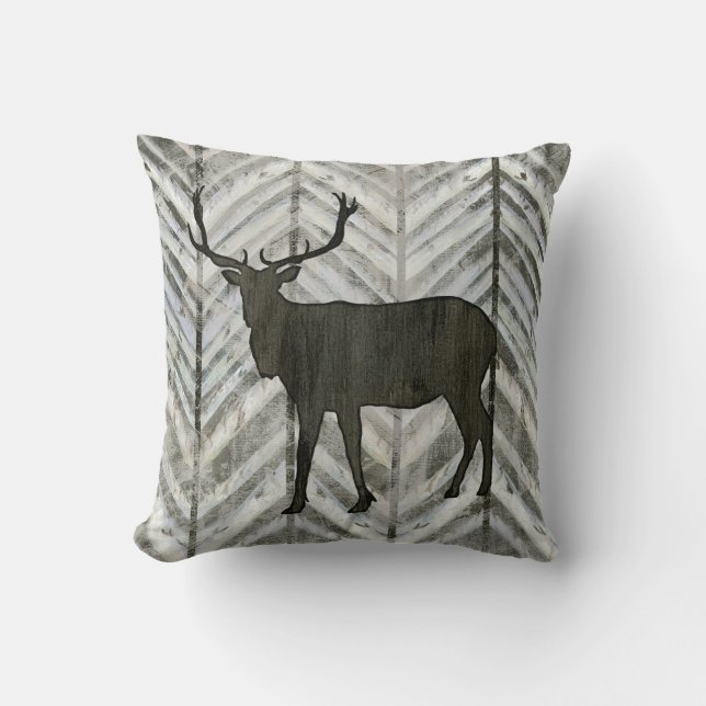 Birch Forest Lodge Elk w Antler Chevron Striped Throw Pillow (Front)