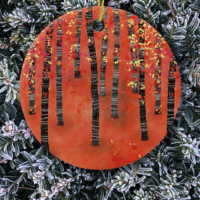 Birch Forest Red Ceramic Ornament (Birch aspen tree forest art red ceramic Christmas ornament)