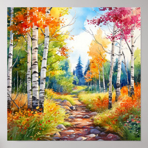 Birch Forest Vivid Colours Painting Poster