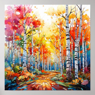 Birch Forest Vivid Colours Painting Poster