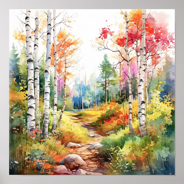 Birch Forest Vivid Colours Painting Poster (Front)