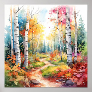 Birch Forest Vivid Colours Painting Poster